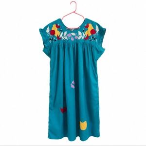 Lindsey‎ Blake Vintage Teal Cotton Embroidered Fruit Boho Shift Dress Womens L